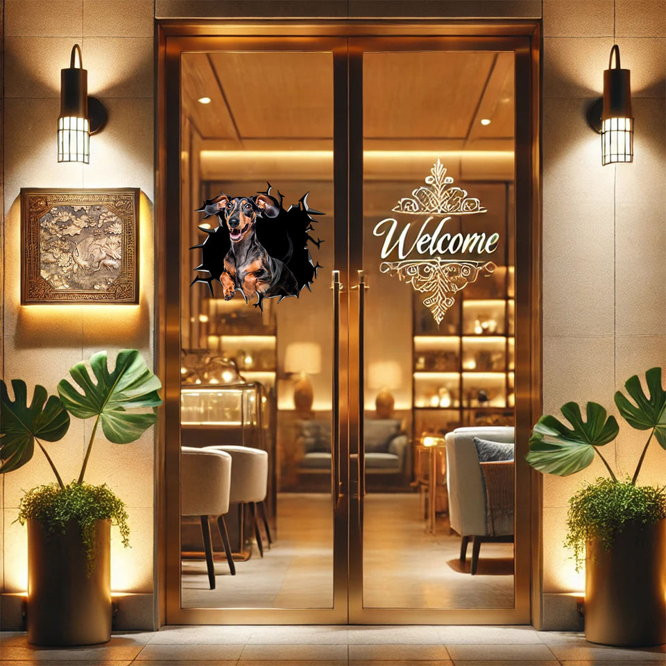 Eye-catching Dachshund graphic artwork applied to a wooden interior door.