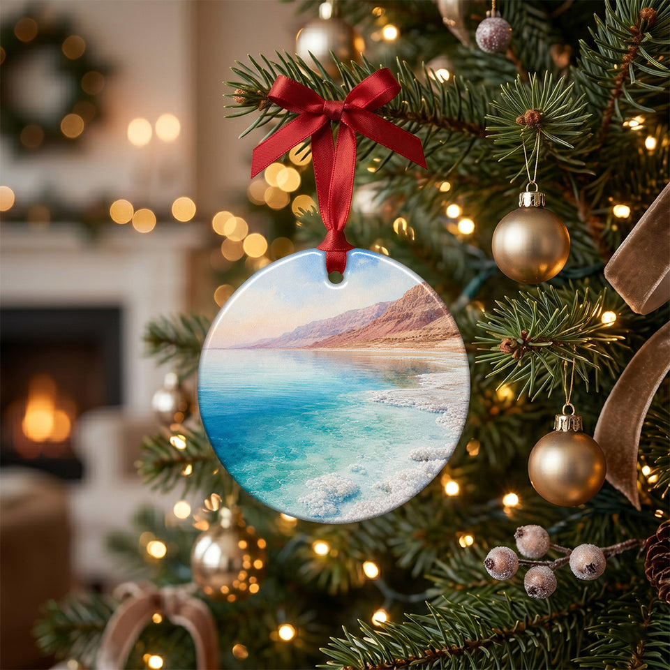 Holiday travel keepsake hanging from a green branch on a lit Christmas tree.