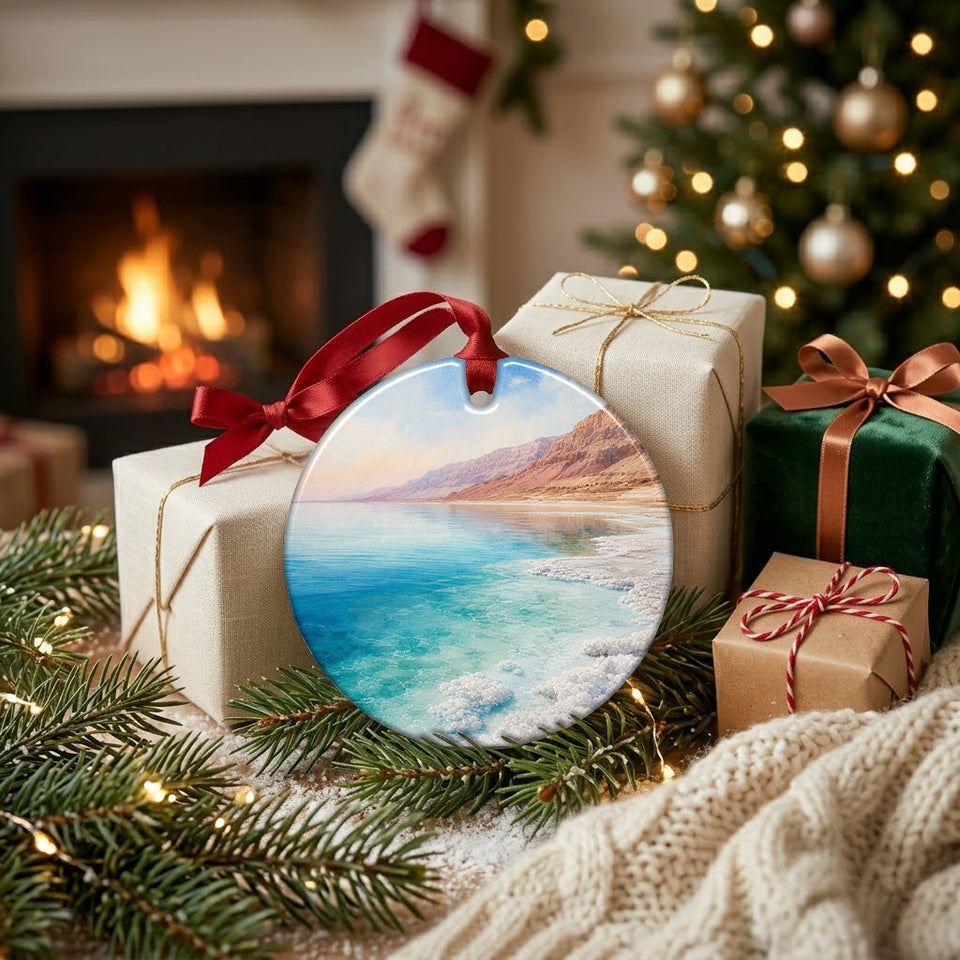 Round ceramic travel keepsake resting beside festive wrapped gifts and warm holiday lights.