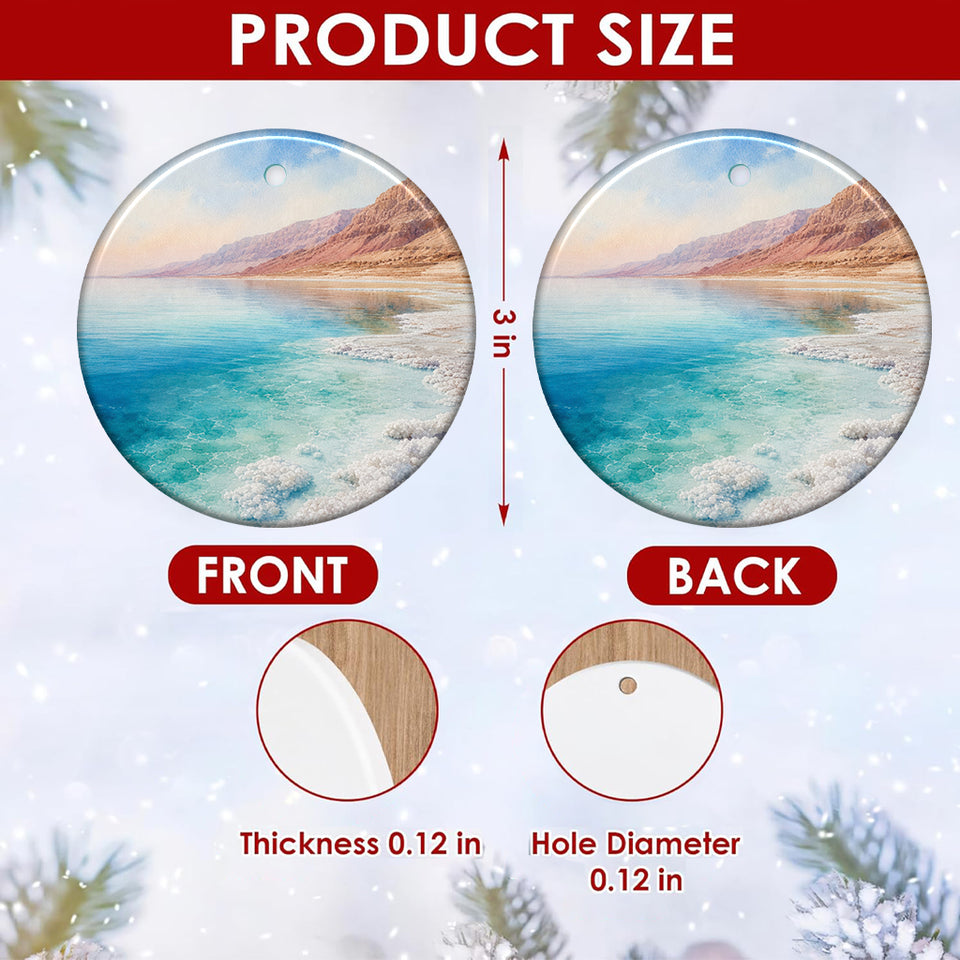 Product size chart illustrating the three-inch ceramic ornament dimensions and double-sided print.