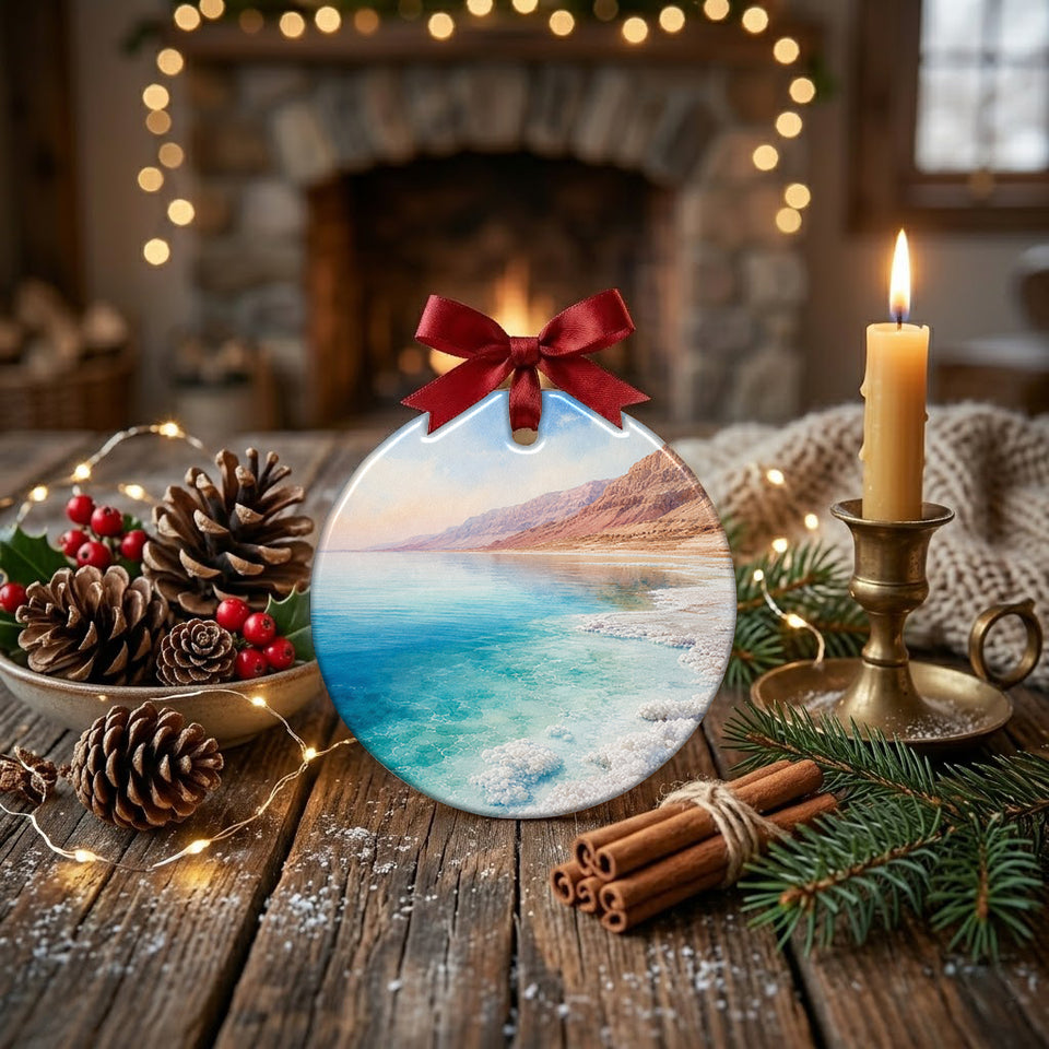 Ceramic Dead Sea keepsake styled on a rustic holiday table next to a pinecone and warm candle.