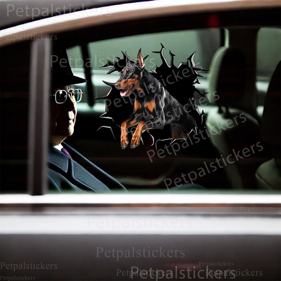 Realistic Doberman Pinscher sticker displayed on a clean car door exterior.