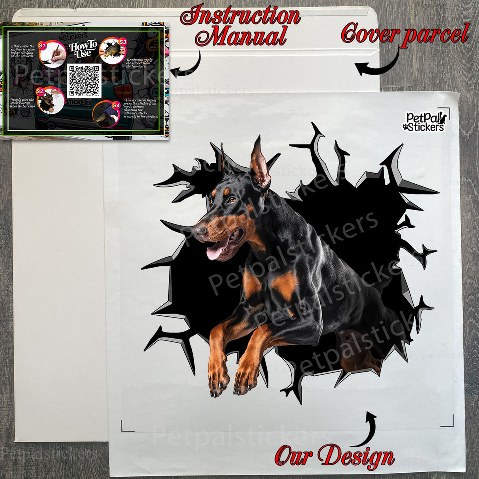 Secure branded package containing the Doberman Pinscher decal with instructions.