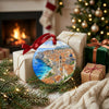 Croatia travel ornament resting beside holiday gifts and the warm glow of a cozy brick fireplace.