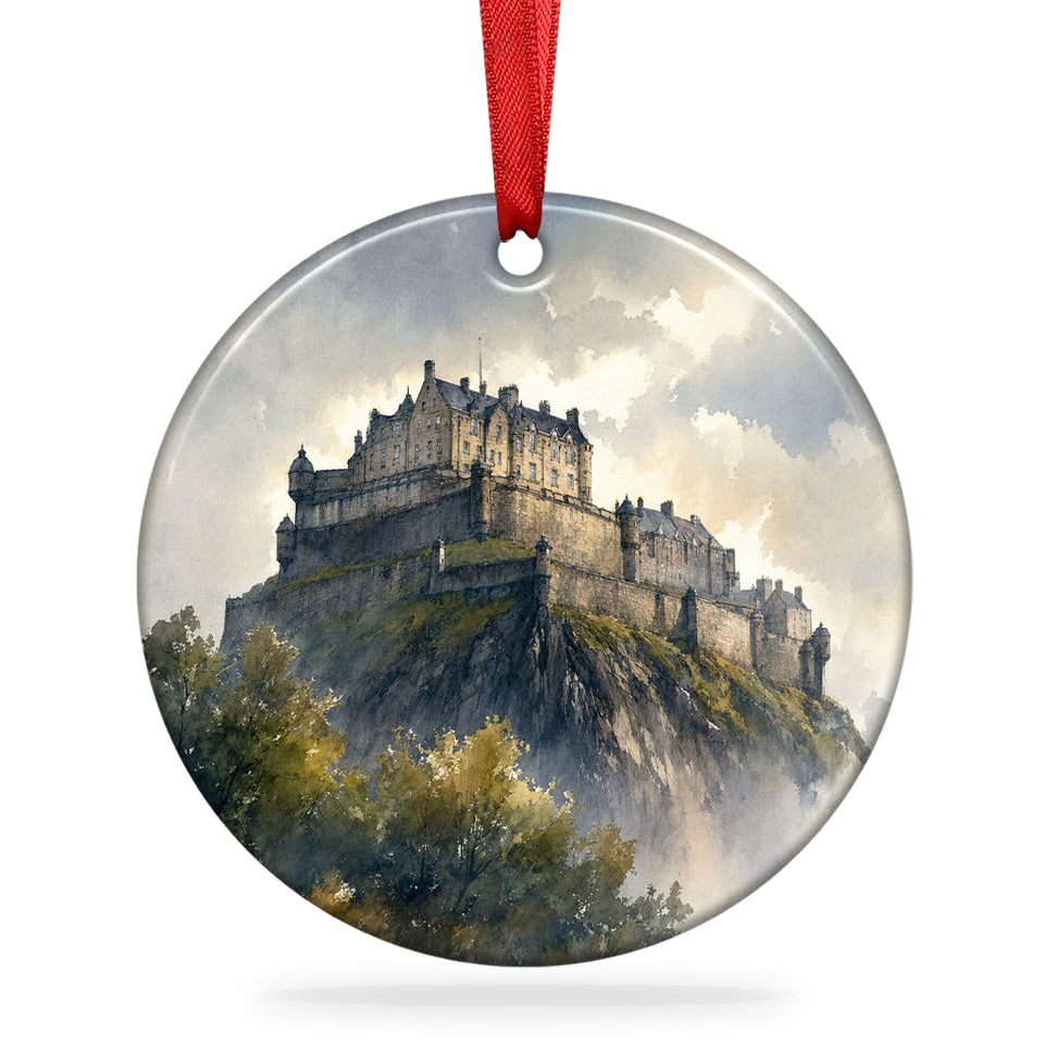 Edinburgh Castle ceramic ornament shown against a plain white background with hanging loop.