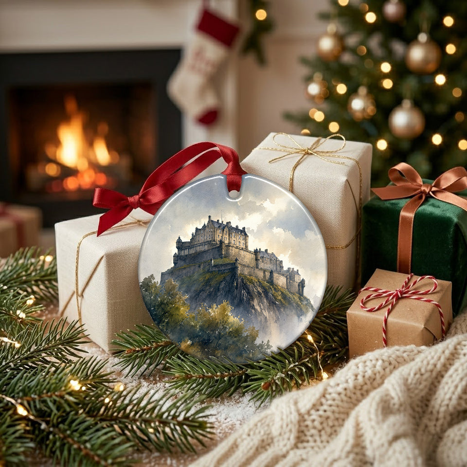 Scottish landmark ornament displayed on a festive mantel beside wrapped holiday gifts and stockings.