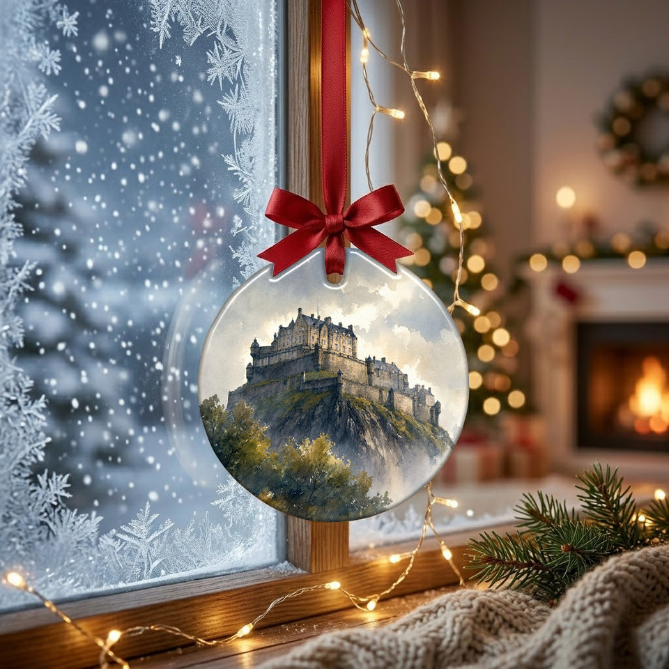 Round Edinburgh Castle decoration catching soft winter daylight by a frosty window.