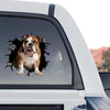 Gloss laminated English Bulldog decal applied to the rear glass of a truck outdoors.