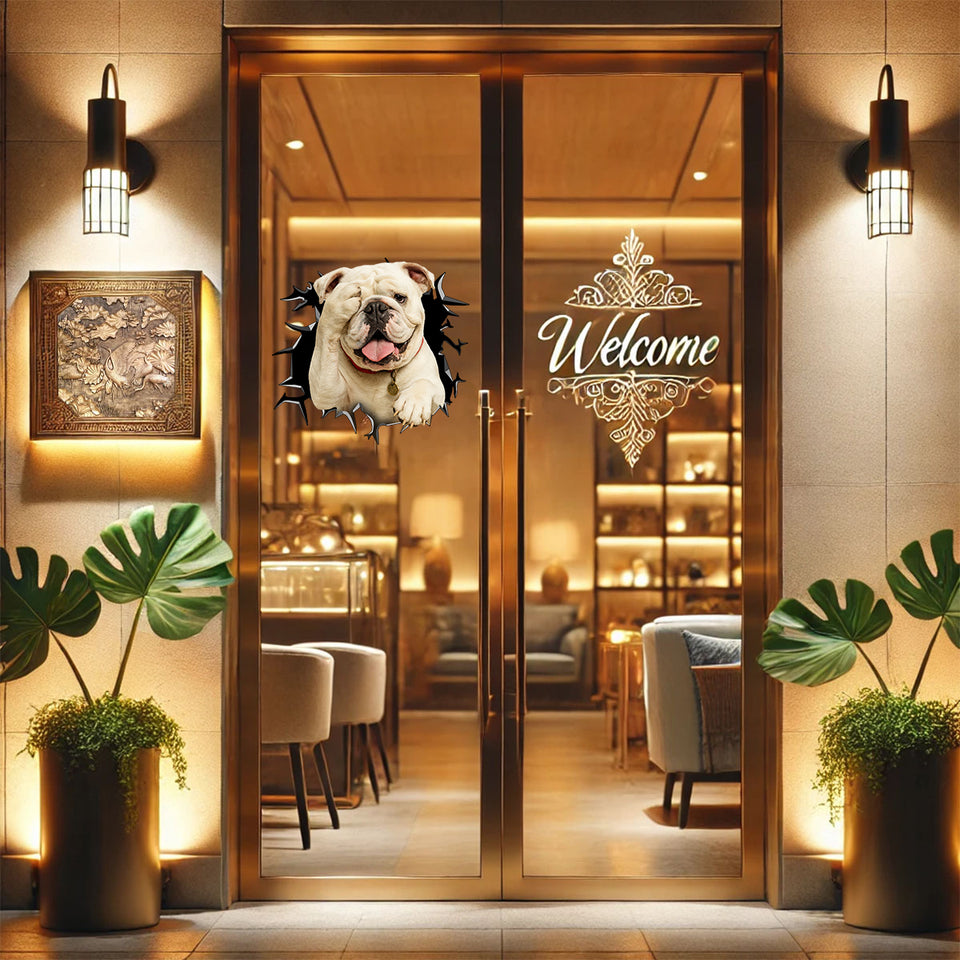 Clear film English Bulldog decal decorating a smooth glass front door.