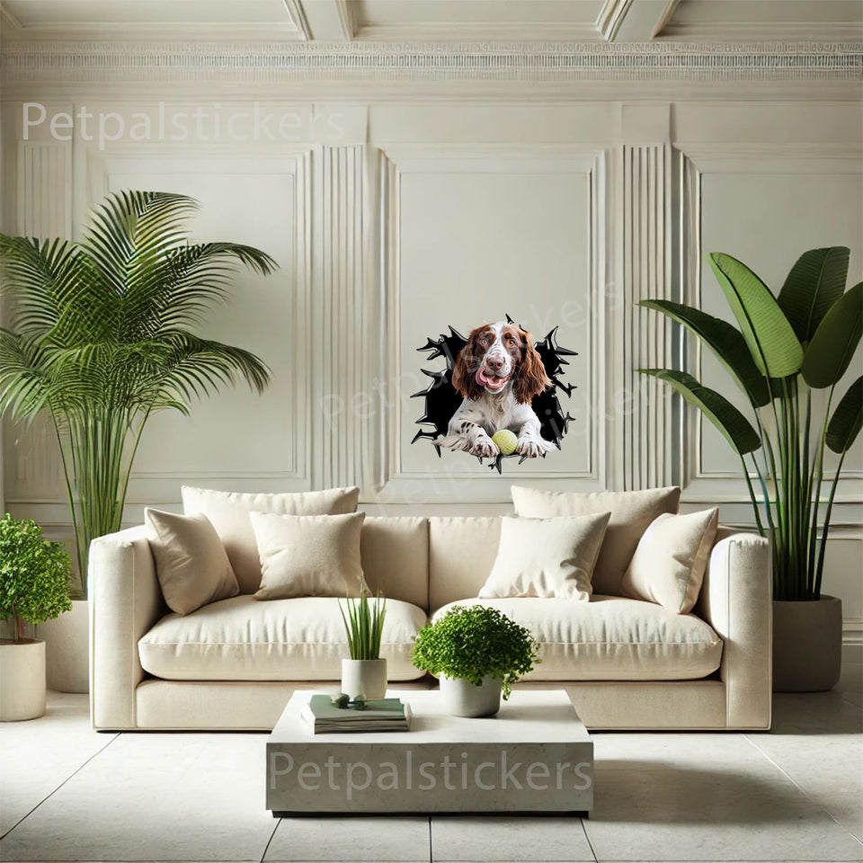 Detailed English Springer Spaniel graphic applied as decorative indoor art on a smooth room wall.