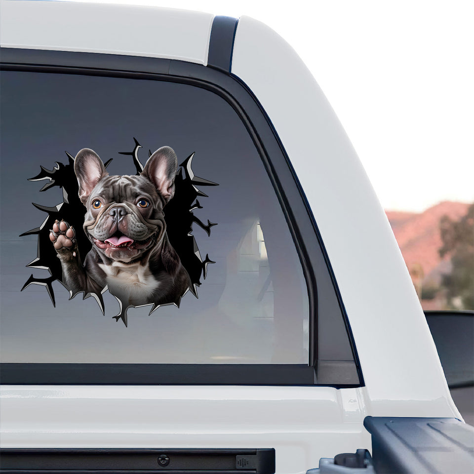 Cute Frenchie window sticker adhered smoothly onto the rear window of a truck.