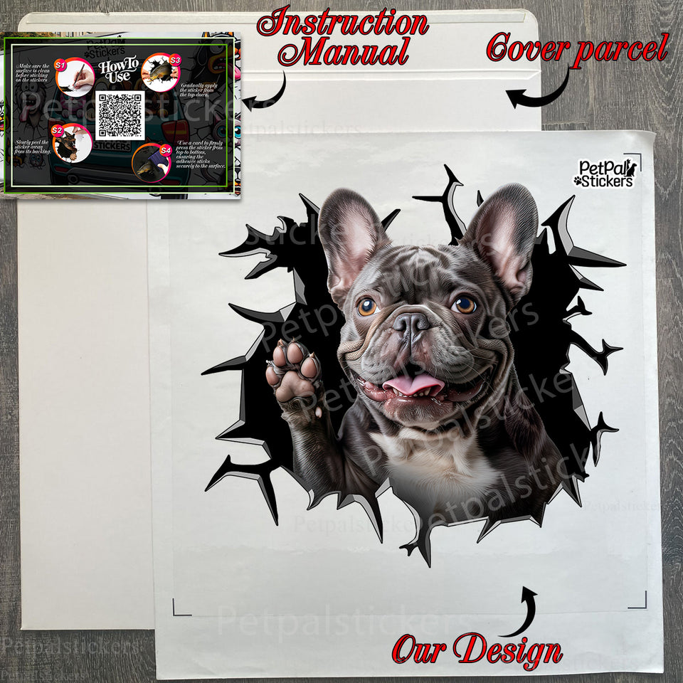 Unopened French Bulldog decal product inside its clear protective retail package.