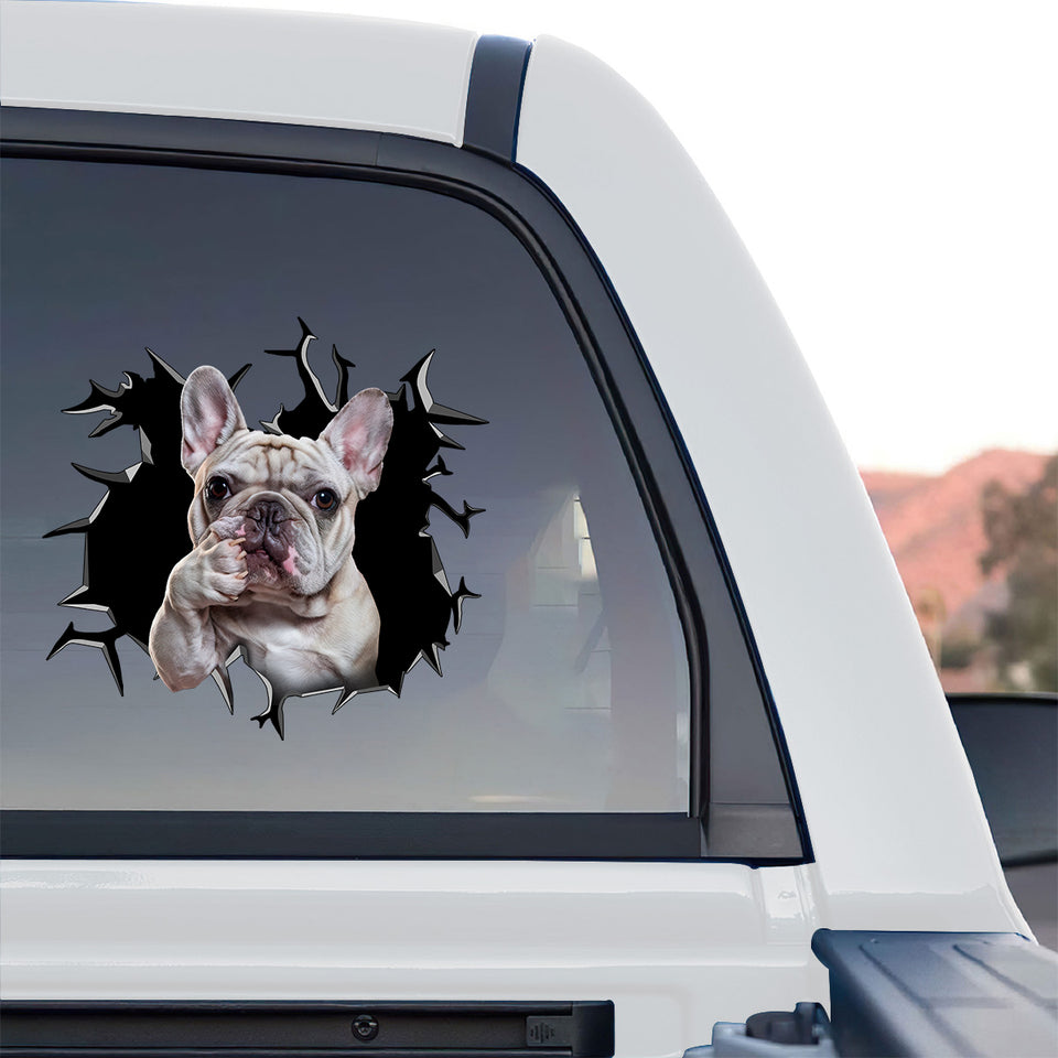 Charming French Bulldog graphic decal adhered to the rear window of a truck.