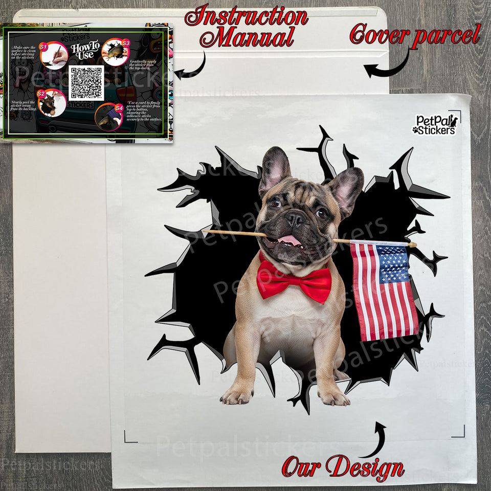 Protective cardboard package holding the French Bulldog decal along with application instructions.