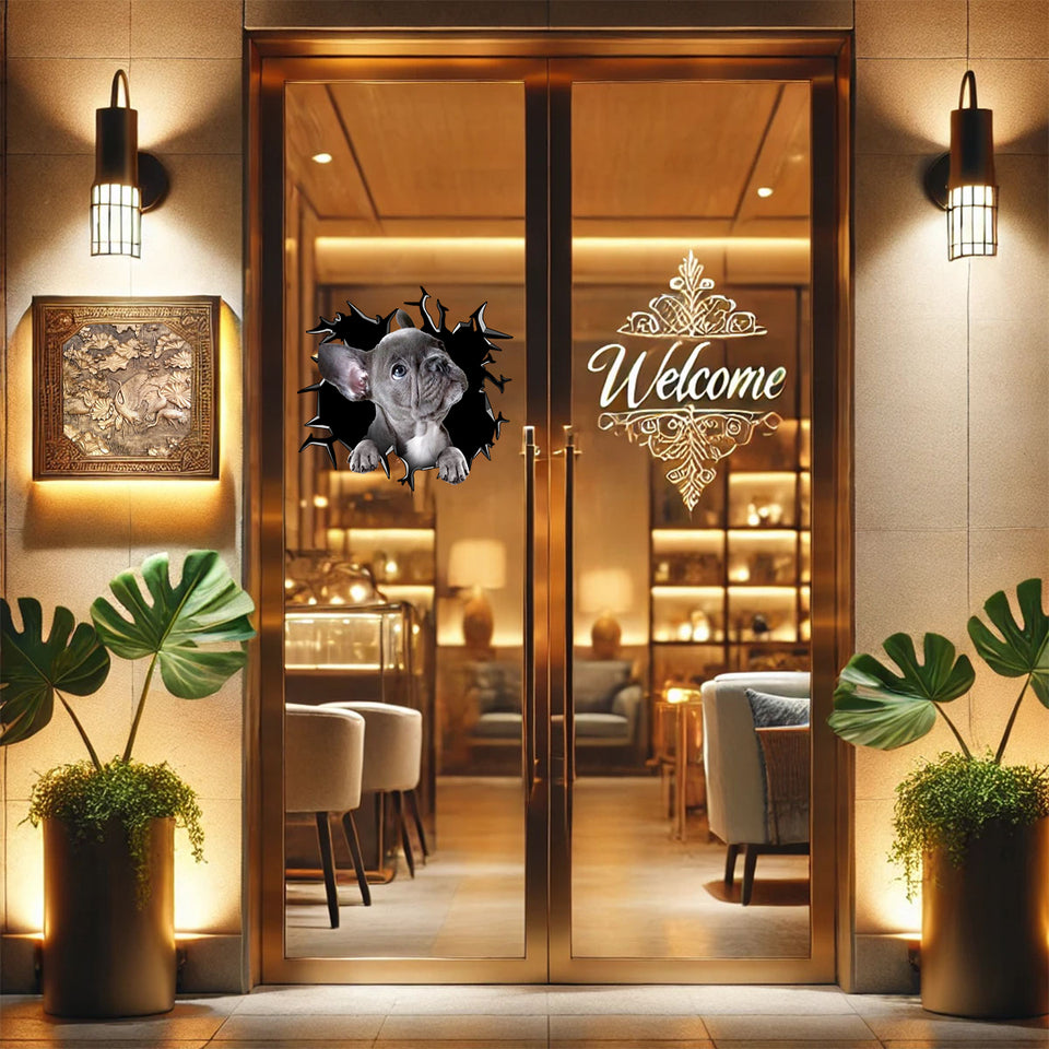 Custom French Bulldog graphic decal placed neatly on a glass room door entrance.