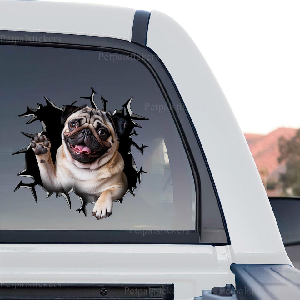 Cute waving Pug standalone product design with funny broken window graphics on clear vinyl.