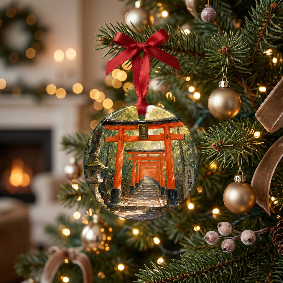 Kyoto torii gate holiday ornament hanging from a glowing Christmas tree branch.