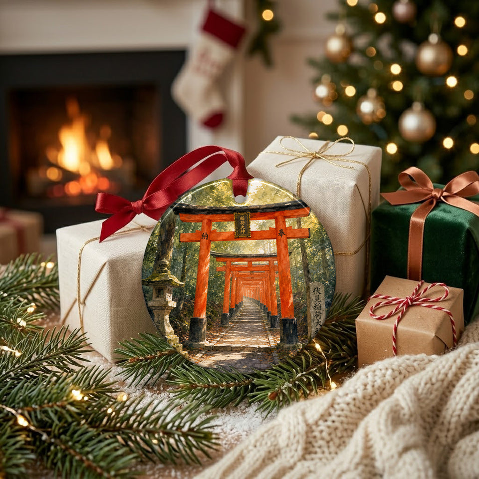 Ceramic travel keepsake sitting near wrapped gifts by a warm holiday fireplace.