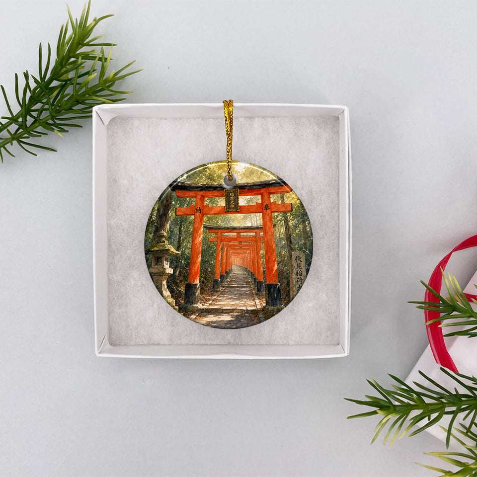 Japanese shrine Christmas decoration nestled inside an opened white gift box.
