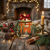 Festive Kyoto souvenir resting on a rustic table beside seasonal pinecones and candle.
