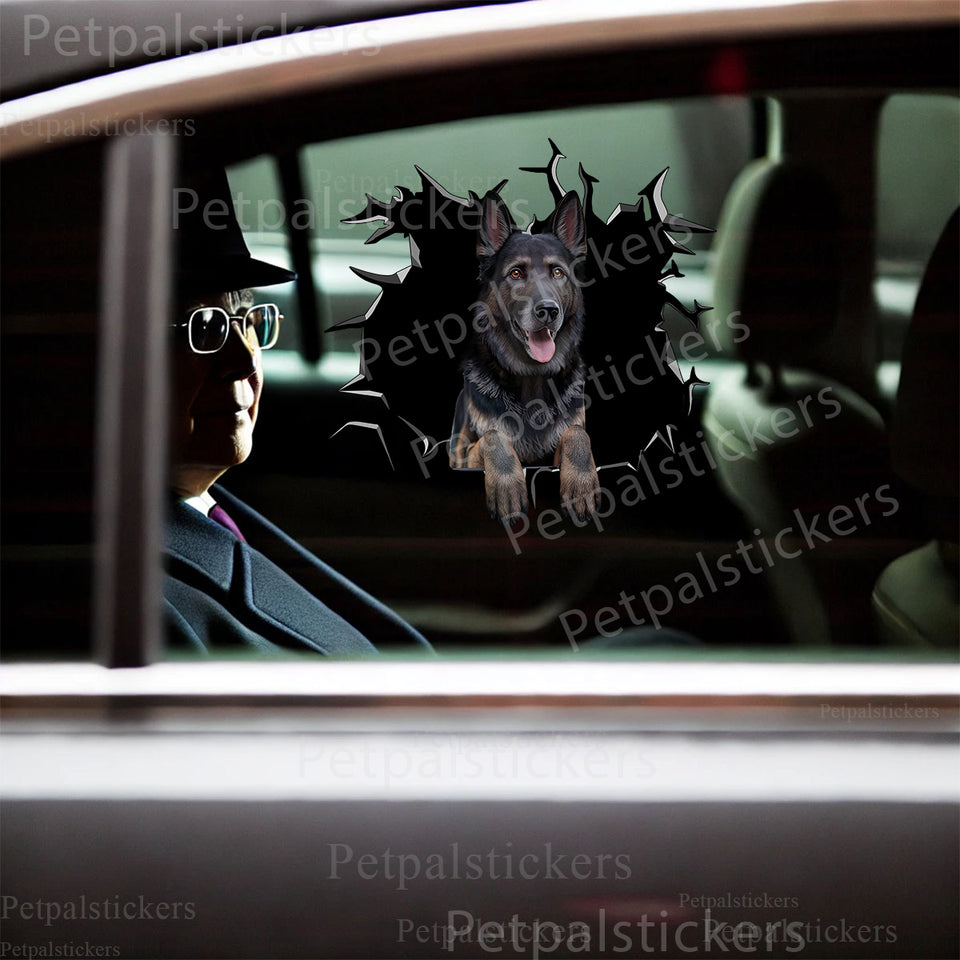 Vibrant German Shepard decal applied smoothly on the glossy car door exterior.