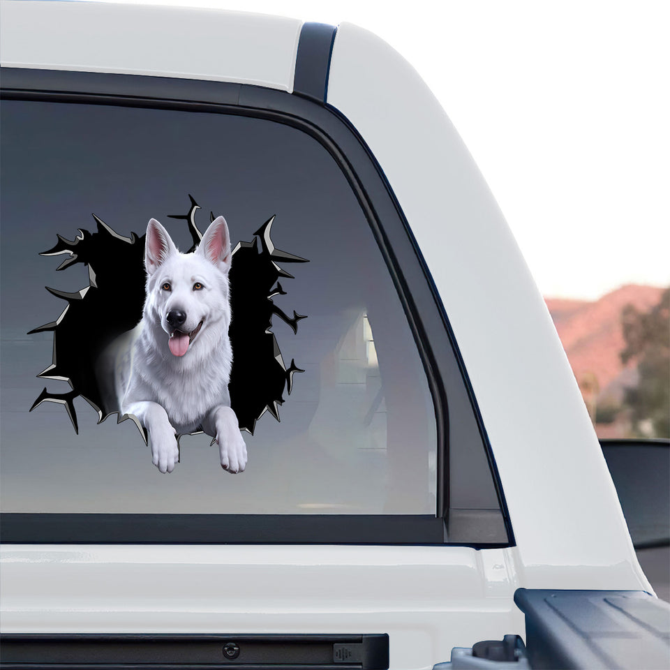Clear vinyl German Shepard sticker installed on the back window of a truck.