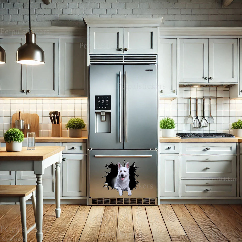 Waterproof German Shepard decorative decal placed on the front of a refrigerator.