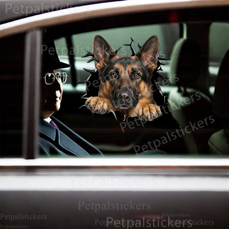 Playful German Shepherd sticker accent placed on a smooth white toilet tank lid.