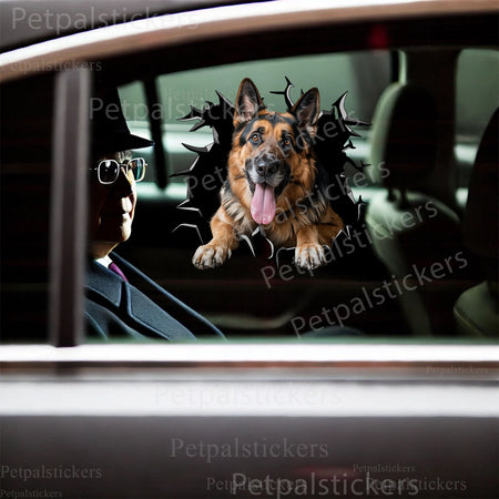 Playful German Shepherd dog decal applied smoothly on the lid of a bathroom toilet.