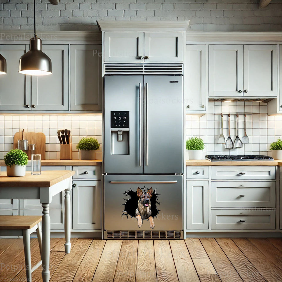 Glossy German Shepherd decal decorating the clean front panel of a stainless steel refrigerator.