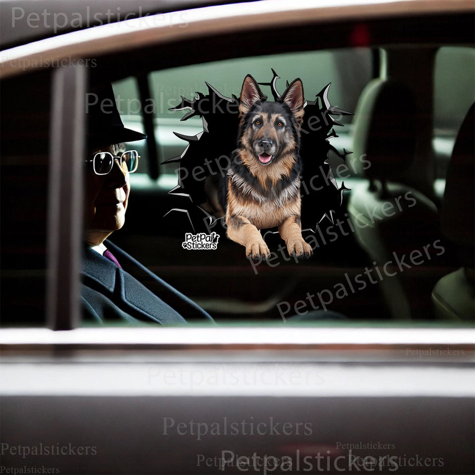 Glossy German Shepherd vinyl decal displayed cleanly on a white car door exterior.