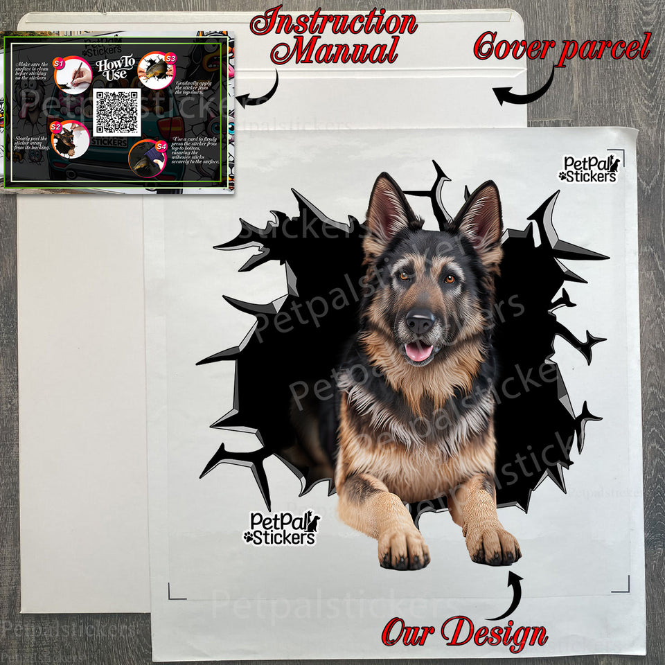 Protective retail package showing the German Shepherd decal along with simple instructions.