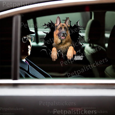 Playful German Shepherd vinyl sticker featured as custom decor above a toilet lid.