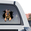 Rear side window of a truck featuring a vibrant German Shepherd waterproof vehicle graphic.
