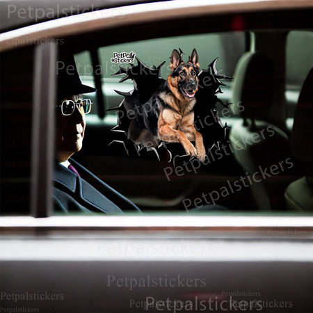 Fun waterproof German Shepherd decal positioned seamlessly on a porcelain bathroom toilet lid.