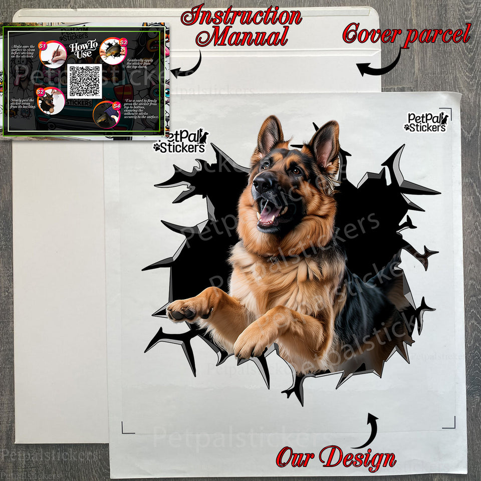 Clear German Shepherd vinyl sticker inside its protective shipping package with full instructions.