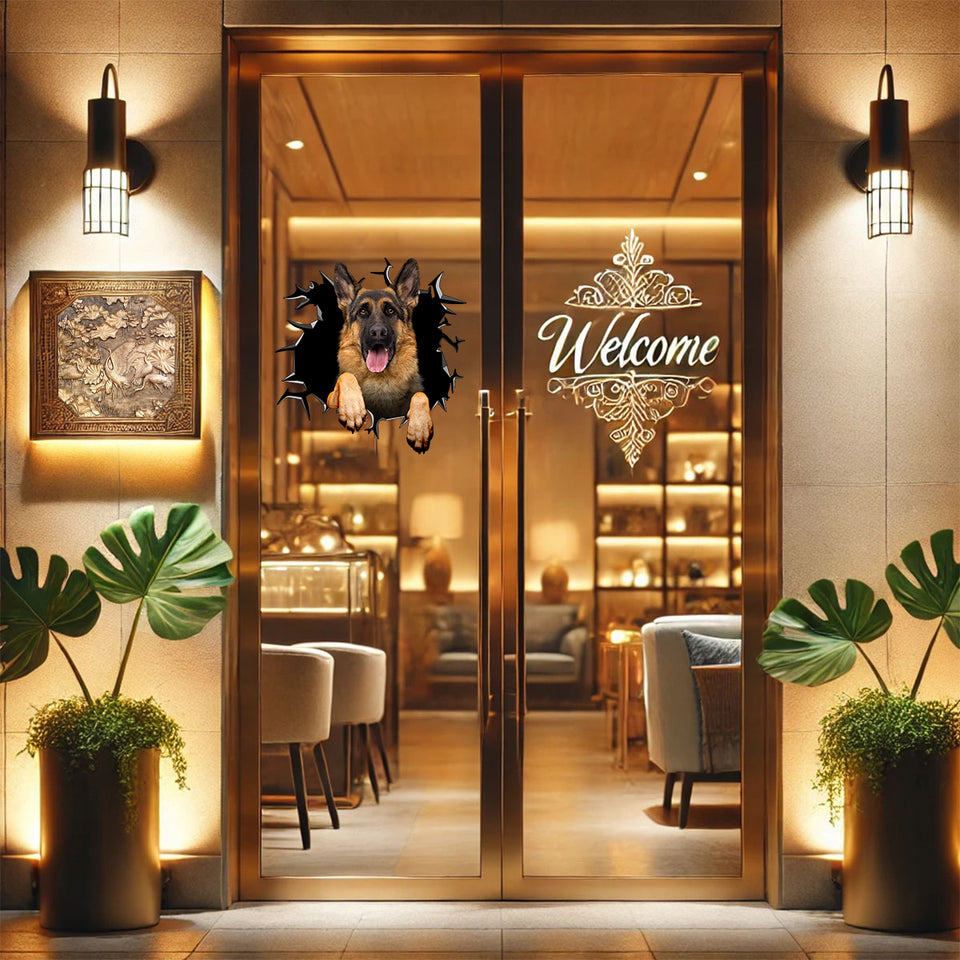 Bold German Shepherd On Board art decal mounted to the glass of an entryway door.