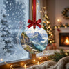 Winter window view framing the alpine road ornament illuminated by natural daylight.