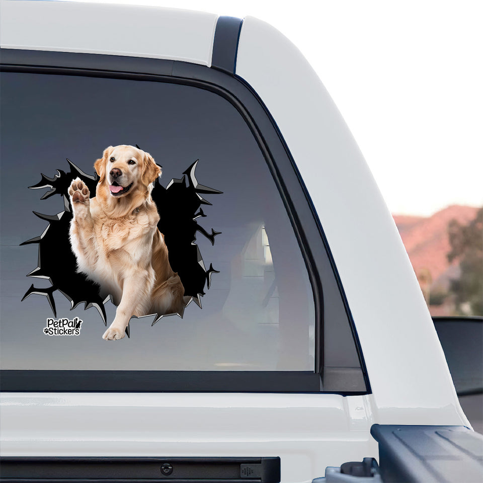 Weatherproof dog graphic decal displayed on the back window of a truck outdoors.