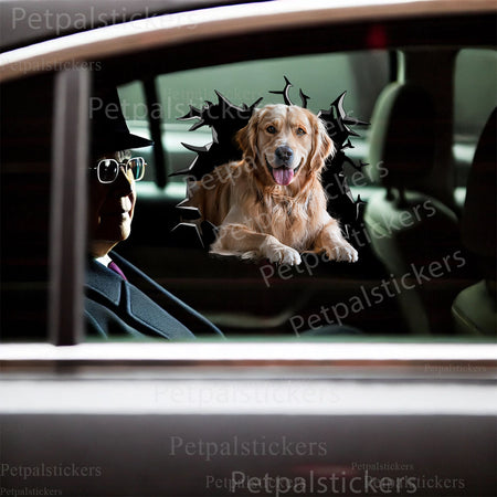 Playful Golden Retriever decorative decal creatively applied to the lid of a white toilet.