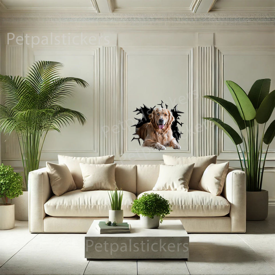 Cute Golden Retriever face graphic decal showcased on an indoor smooth wall.