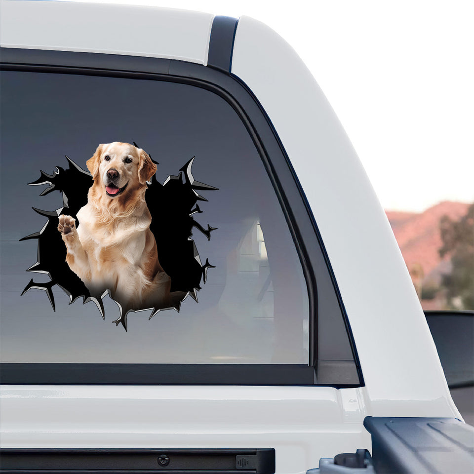 Eye-catching Golden Retriever sticker displayed prominently on the rear window of a truck.