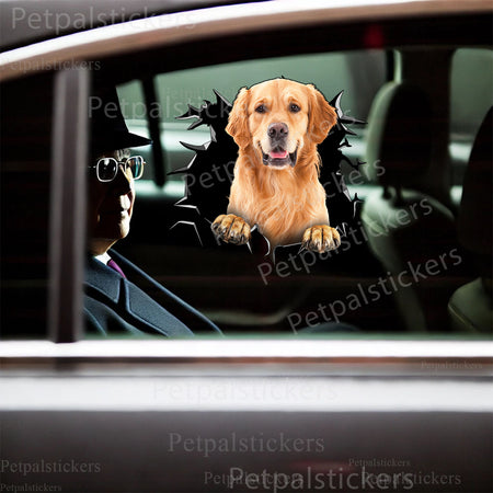 Playful Golden Retriever vinyl graphic sticker placed neatly on a clean white toilet lid.