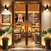 Gloss laminated Golden Retriever dog decal affixed seamlessly to a modern glass door.