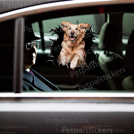 Humorous dog decal with cracked glass illusion stuck onto a ceramic toilet lid.