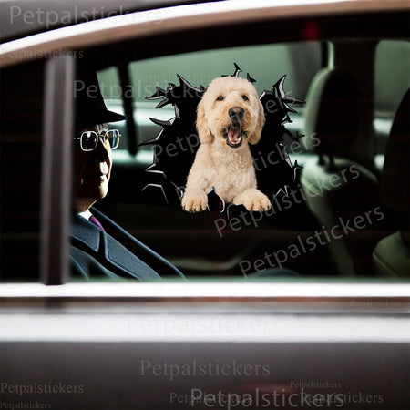 Funny Goldendoodle dog vinyl decal applied seamlessly to a smooth white toilet lid.