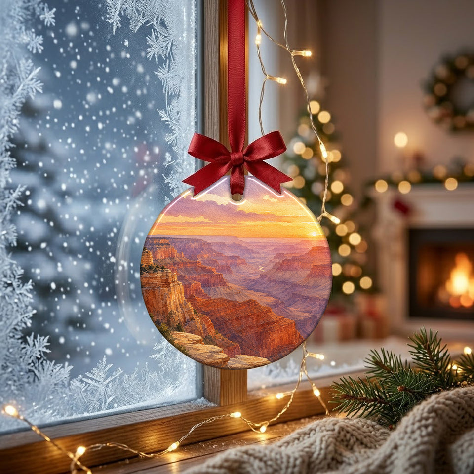 Watercolor Arizona landscape ornament catching soft daylight beside a frosty winter window.