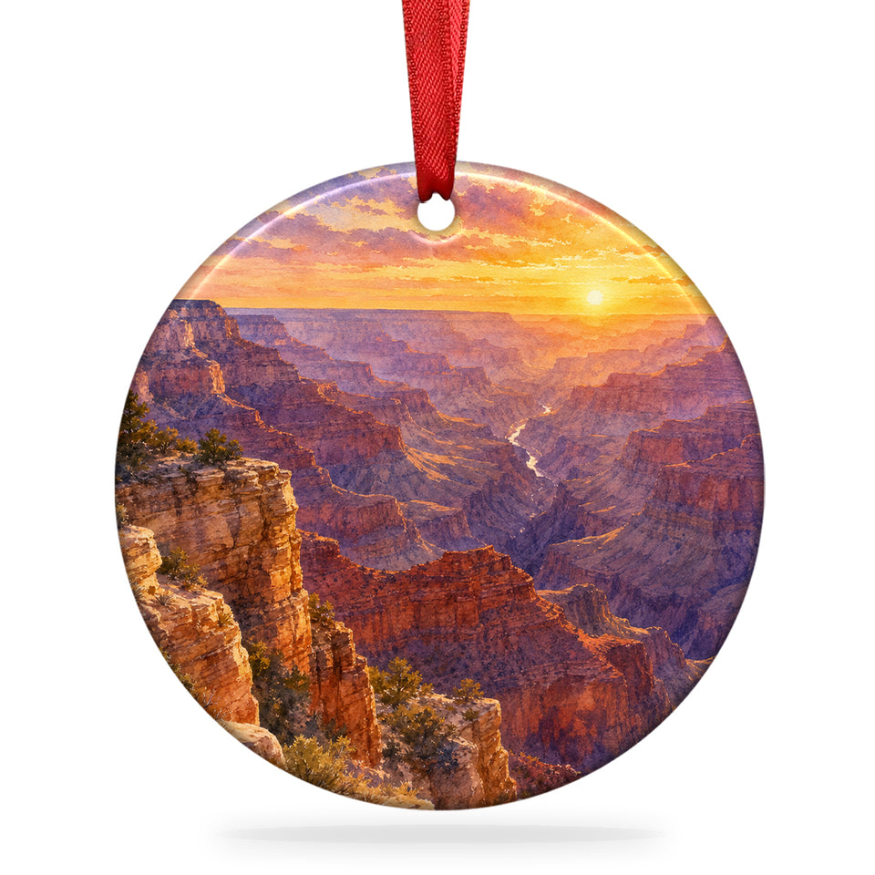 Grand Canyon scenic ornament centered on a plain white background with attached hanging ribbon.