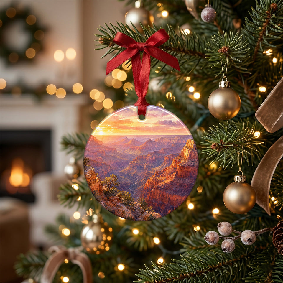Ceramic canyon keepsake hanging gracefully from a pine branch on a decorated holiday tree.