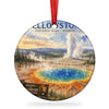 Grand Prismatic Spring ceramic ornament with hanging ribbon isolated on a plain white background.